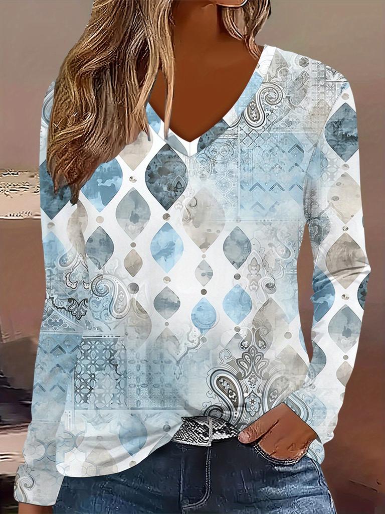 Women's Elegant V-Neck Marble Print Long Sleeve T-Shirt Soft Polyester Great for Autumn and Winter Casual Wear Floral Print Tops