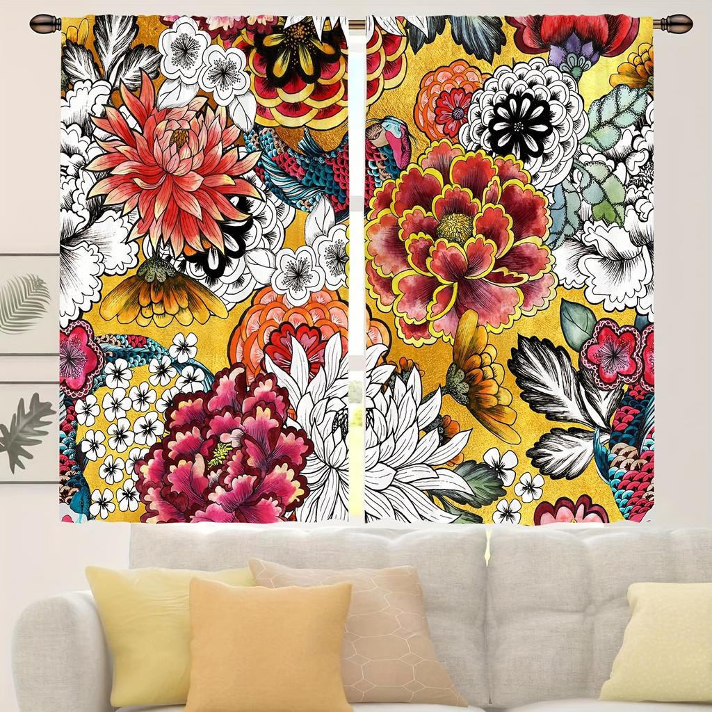 2pc Colorful Bohemian Curtain Rod Pocket Hook Mount Digital Printed Curtain Polyester Material For Living Room Kitchen Bedroom