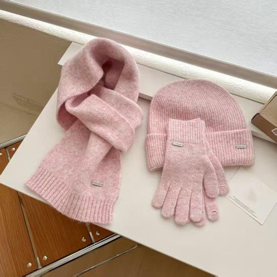 3Pcs/Set Women Hat Scarf Gloves Set Solid Color Ribbed Trim Brimless Hat Long Scarf Warm Gloves Set Winter Accessories