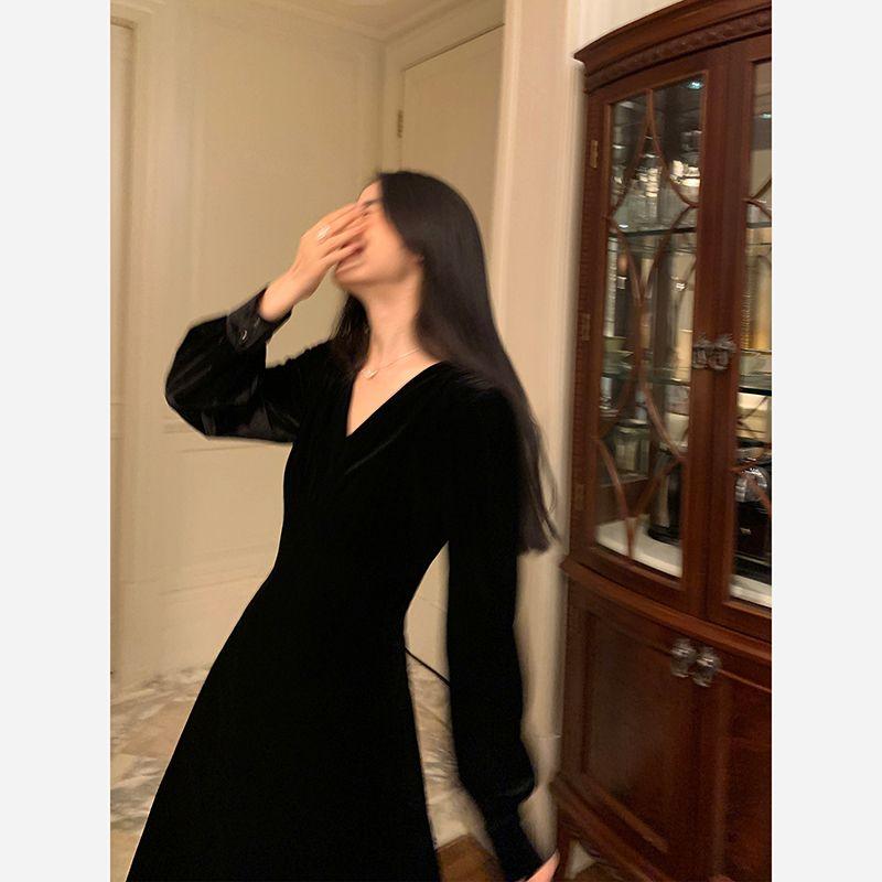 Κομψό Μαύρο Βελούδινο Φόρεμα για Γυναίκες Χειμερινά Φορέματα Α γραμμής