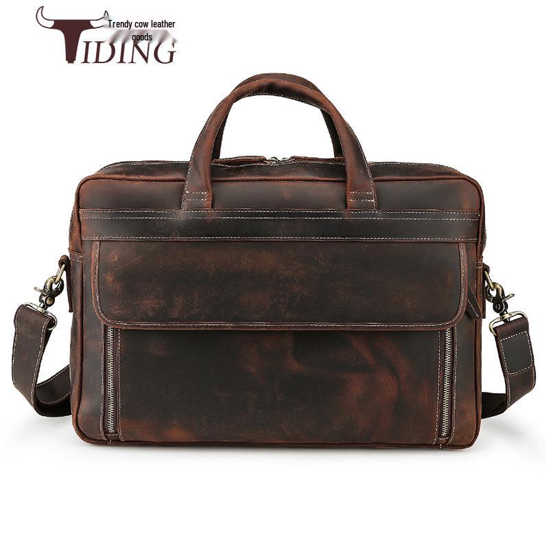 Genuine Leather Men's 17-inch Laptop Briefcase, Crossbody Cowhide Commuter Bag