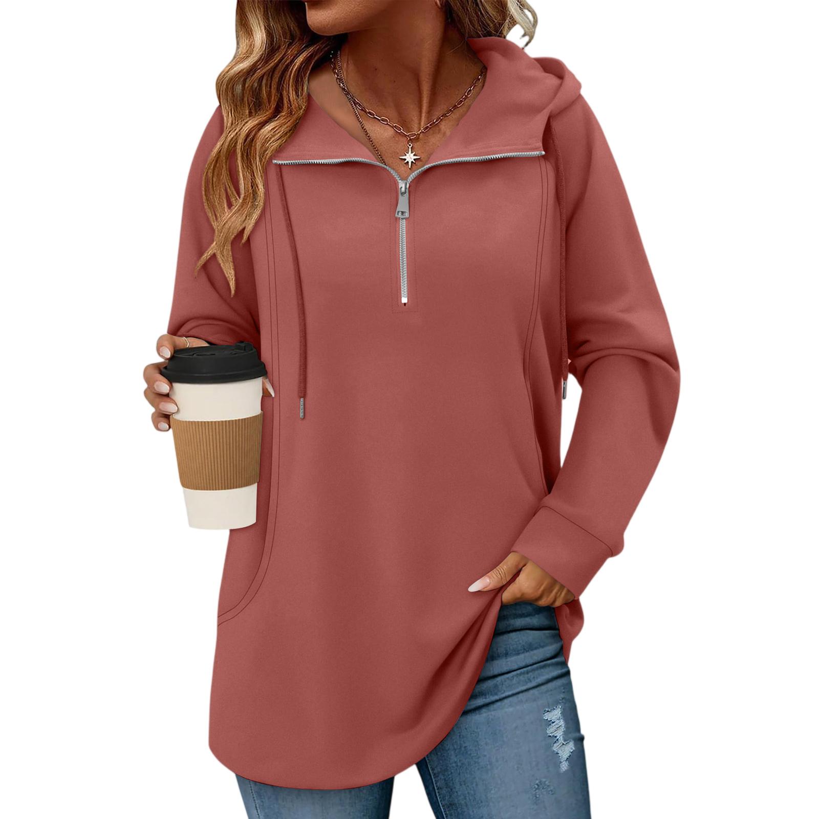 

Женский однотонный пуловер с молнией, кулиской и карманом XL арбуз красный