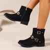 Fashion Square Heel Side Zip Booties Autumn New Round Toe Metal Buckle Anti-Slip Wear-Resistant Single Boots