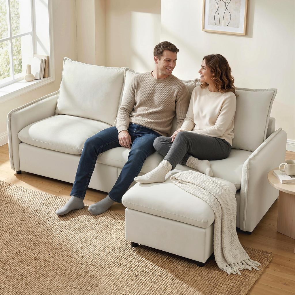 3-Seater Modular Corner Sofa In Breathable Leather-Effect Fabric with Footstool Storage, Cushions, Cream