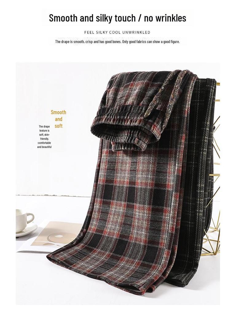 Women's Retro High-Waist Wool Plaid Pants - Contrast Color, Wide-Leg, Floor-Length, Velvet-Lined for Autumn/Winter 2024