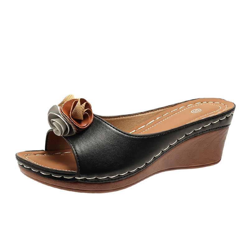 Flower color matching thick-soled one-word slippers women's outer wear wedge heel light solid color cool slippers