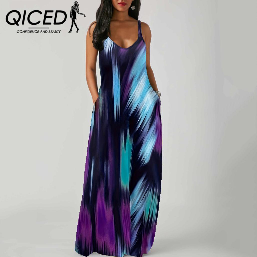 

QICED Элегантное Модное Платье в Пол Без Рукавов с V-образным Вырезом Простое Женское Летнее Ретро с Принтом Свободное по Талии Прямое Платье XXXXL