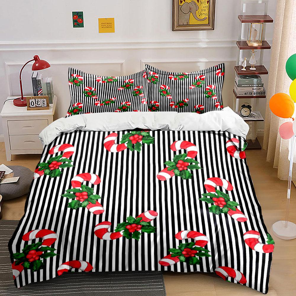 Candy Cane and Holly Striped Pattern Bedding Duvet Cover Set Duvet Cover Pillowcases (1*Duvet Cover 2*Pillowcases, without duvet insert)