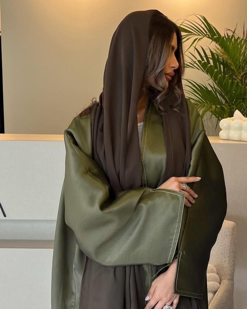 MQ191 Muslimská saténová abaya: Středovýchodní dlouhý roucho, Volný jednobarevný kardigan jako svrchní oděv