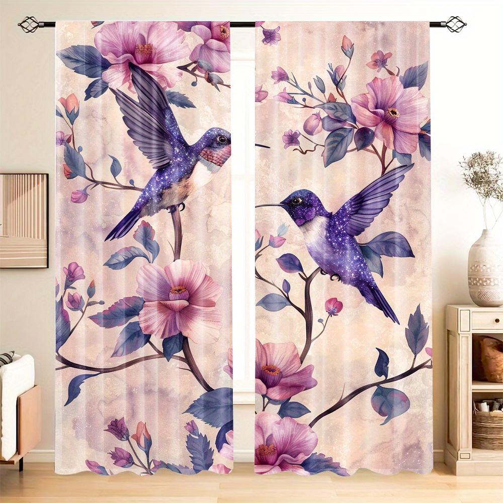 Hummingbird and Flowers Print Light-Filtering Curtain Panels 2 Piece Polyester Rod Pocket  Decorative Curtains for Bedroom