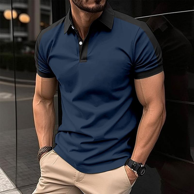 Men's Casual Polo Shirt Fashionable Lapel Button Business Color Blocked Versatile T-shirt Top