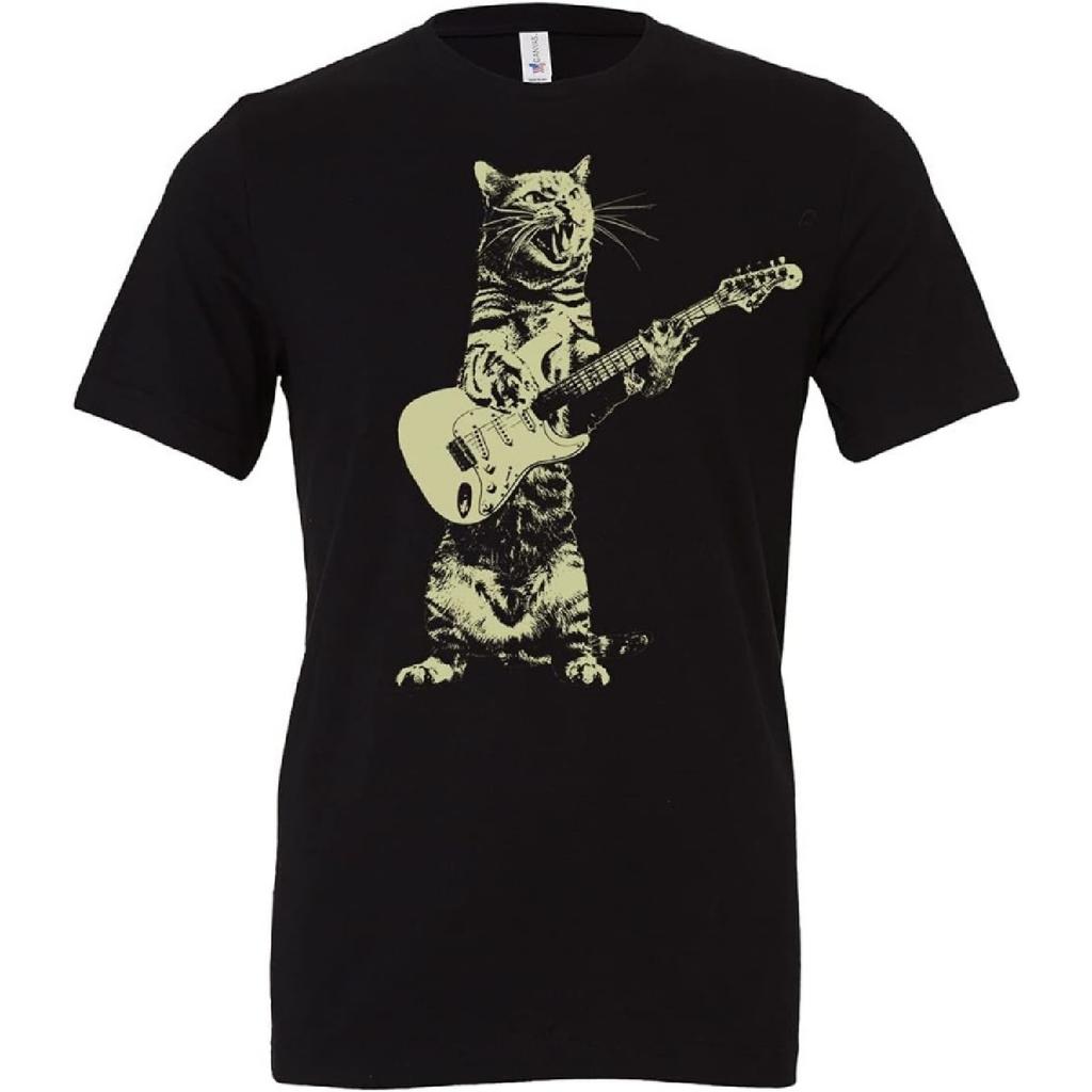 Cat Playing Guitar Kitten Plays Guitarist Rockstar Men's Premium Black T Shirt tee, Black, Large