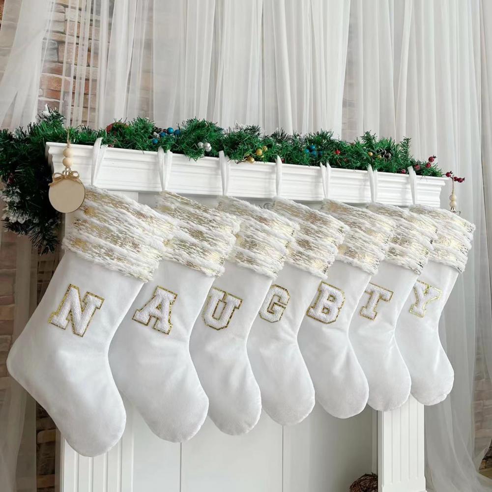 

Рождественский чулок с вышитым алфавитом и шнурком, большая вместимость, рождественские носки с буквами, подвесное украшение на каминную полку для рождественской елки