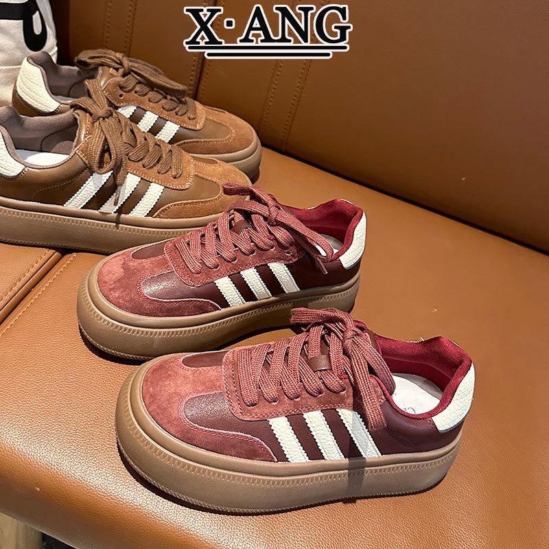 Czerwone platformy skórzane damskie buty Ankola jesień i zima nowe wszechstronne retro buty na platformie codzienne buty sportowe