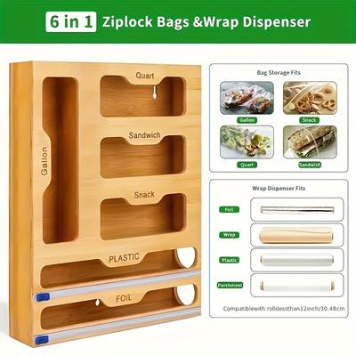 Organisateur de Cuisine en Bambou pour Sacs Ziplock, Papier Aluminium et Film Plastique - Rangement de Tiroir Multi-Compartiments avec Coupeur Intégré, Conception Réutilisable Étanche Sans Danger pour les Aliments