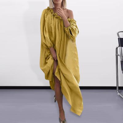 Women Dress Slant Neck Shirring Long Lantern Sleeves Loose Pure Color Pleated Full Length Vacation Beach Robe Maxi
