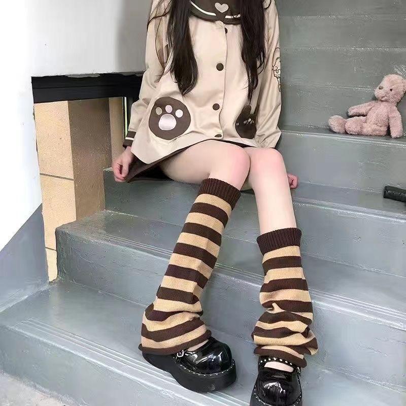 Autumn Winter Retro American Style Black White Stripe Warm Wool Loose Wide Leg Socks Harajuku JK Hot Girl Leg Warmers