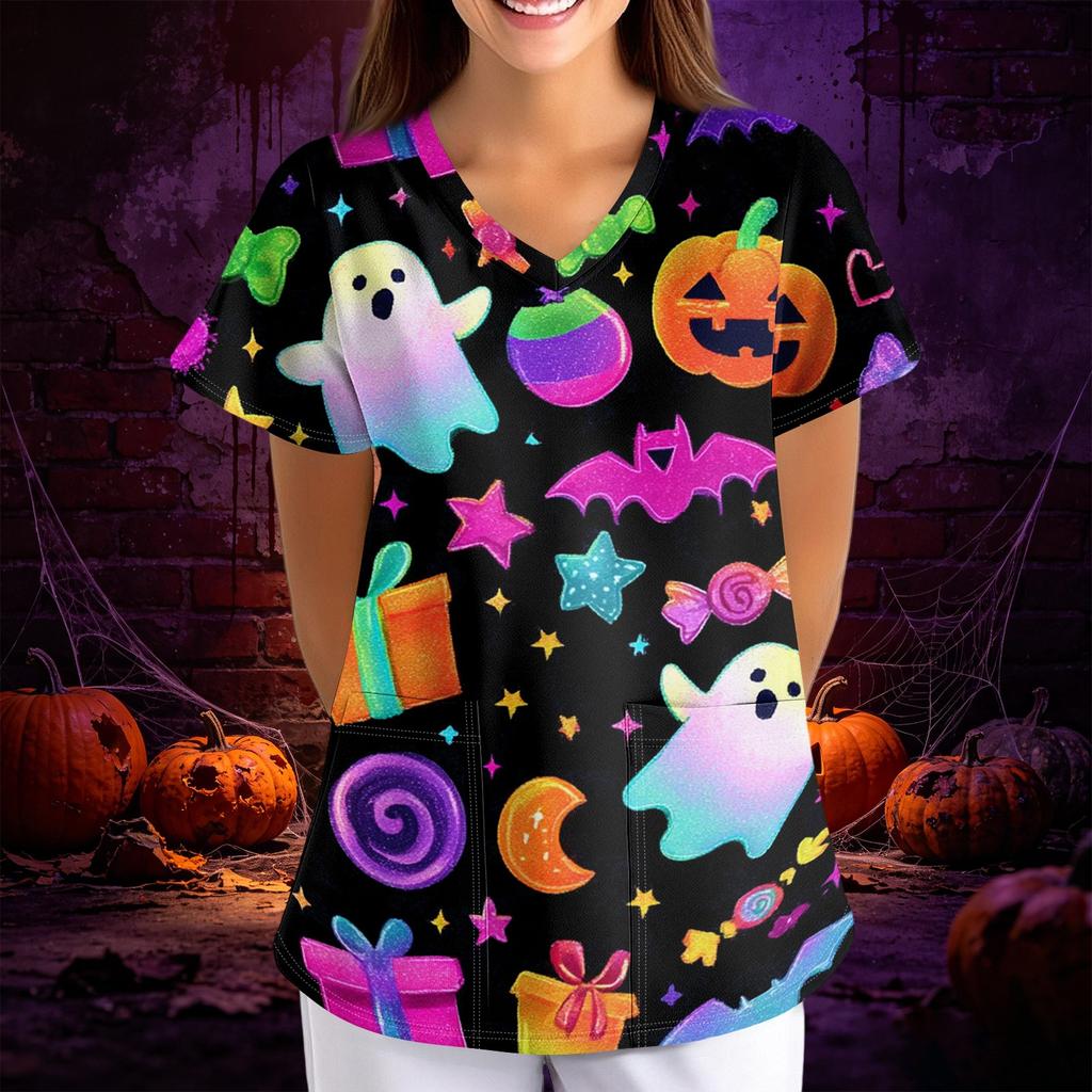 Women's Halloween Print Loose V-Neck Short Sleeve Pocket Uniform Top Scrub Costume Cosplay for Adult Women