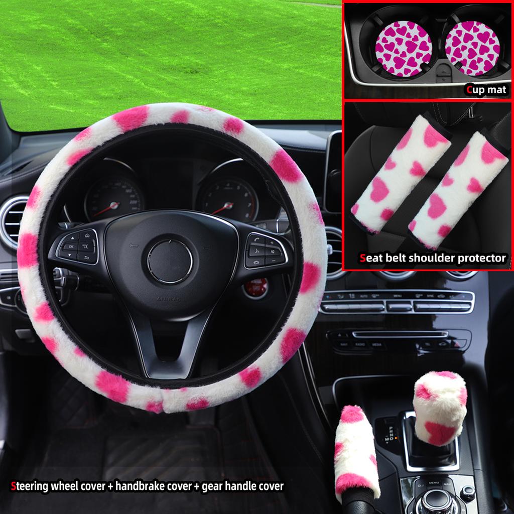 Love Plush 7-piece Car without Inner Ring Steering Wheel Cover Shoulder Cover Handbrake Cover Cover Handle Cover Accessories