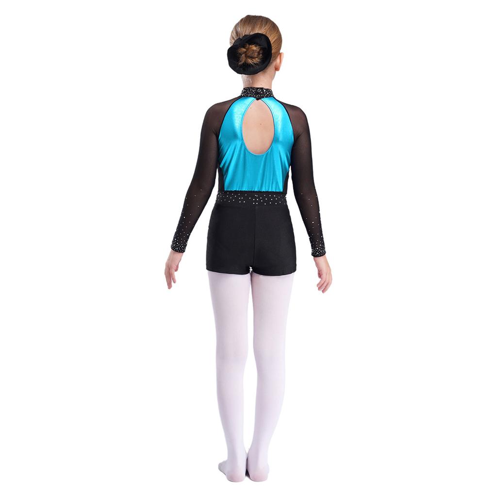 Mädchen Mesh Langarm Turnanzug Strass Shorts Kopfschmuck Gymnastik Tanz Performance Set
