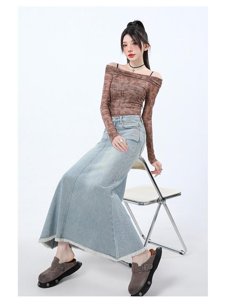 Women's High-Waisted Denim Fishtail Midi Skirt - Vintage Style, Raw Hem, Spring 2025