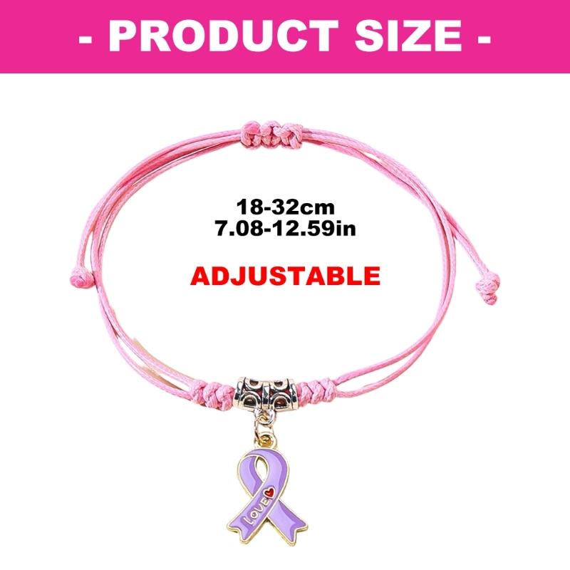Braccialetto Regolabile in Lega di Zinco Simbolico con Nastro Rosa Viola e Ciondolo a Forma di Cuore per il Supporto al Cancro al Seno