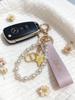 Dior Beauty Peripheral Keychain, Pink Ribbon Pearl Bag Charm, Brand Cosmetic Accessory, CD Star Metal Pendant Key Ring for Women