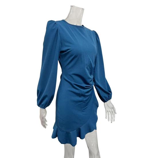 Lady Dress Puff Sleeve Irregular Hem Slim Fit Irregular Ruffle Patchwork Hem Round Neck Pleated Mini Dress Office Party Prom Dress