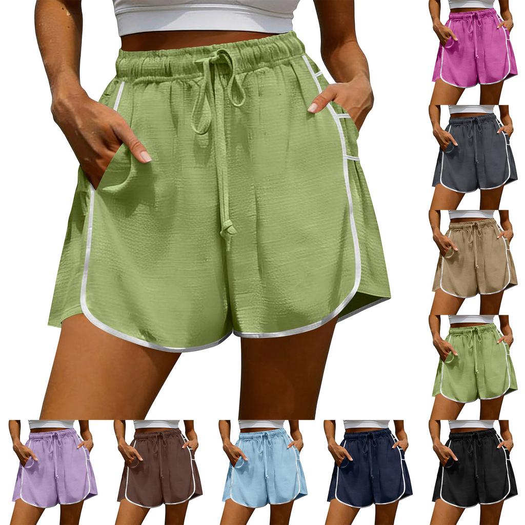 Women's Color Casual And Fashionable Drawstring Pocket Cotton And Linen Shorts