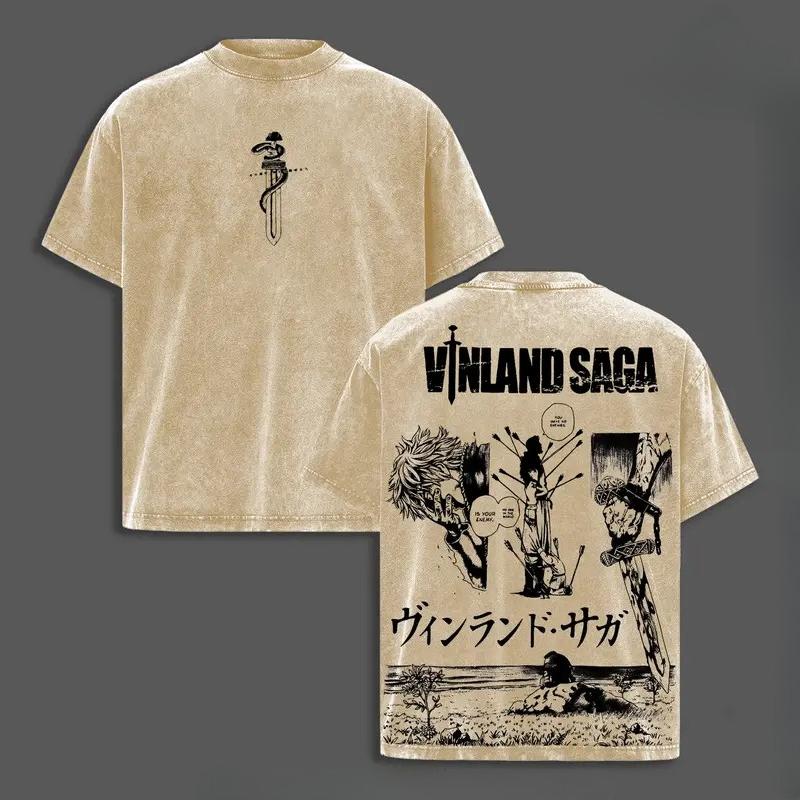 Japanese Manga VINLAND SAGA Thorfinn Graphic T-shirt Vintage Washed Oversized T Shirt Men Women Clothes Cotton Short Sleeve Tee