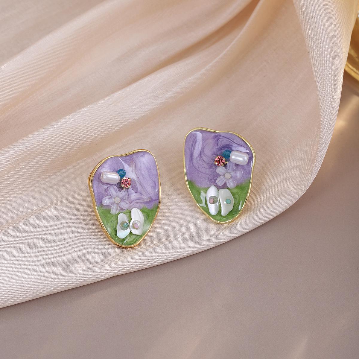 

Серебряные серьги Monet Garden Purple Flower Rice с бусинами — французская ретро-роскошь для осени/зимы