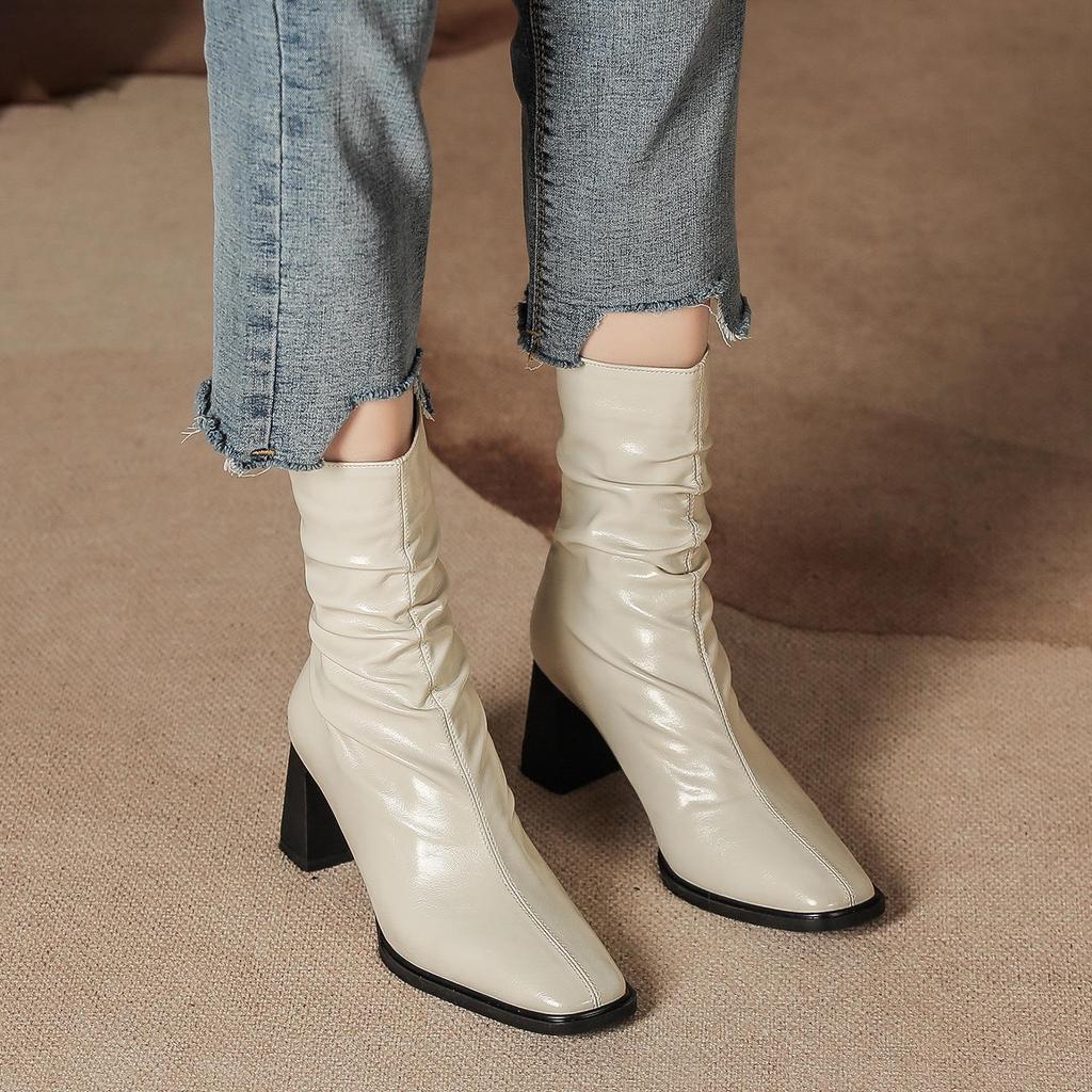 Pleated Retro French Ankle Boots with Velvet Lining, Mid-Calf Height, Back Zipper, and Slim Square Toe for Women.