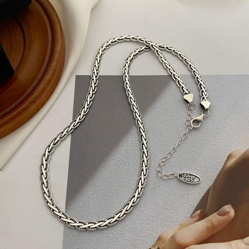 

S925 Sterling Silver Tay Silver Vintage Do old Woven Necklace Short Style Choker Neutral Hip Hop Punk Boutique Jewelry