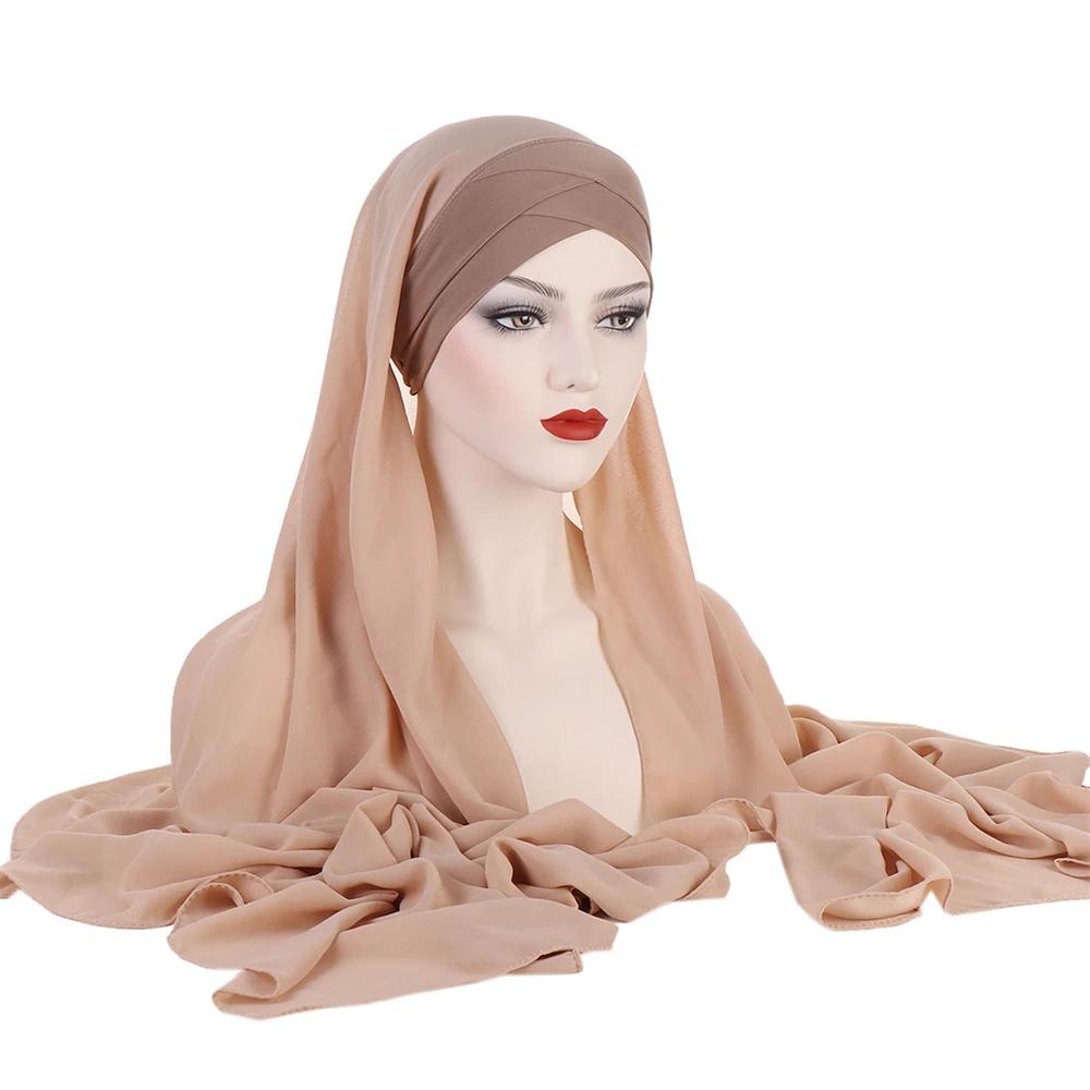 

Forehead Cross Hat with Chiffon Scarf Instant Hijab Underscarf Bonnet Cap Muslim Women Long Shawl Wrap Veil Amira Headscarf 1pc