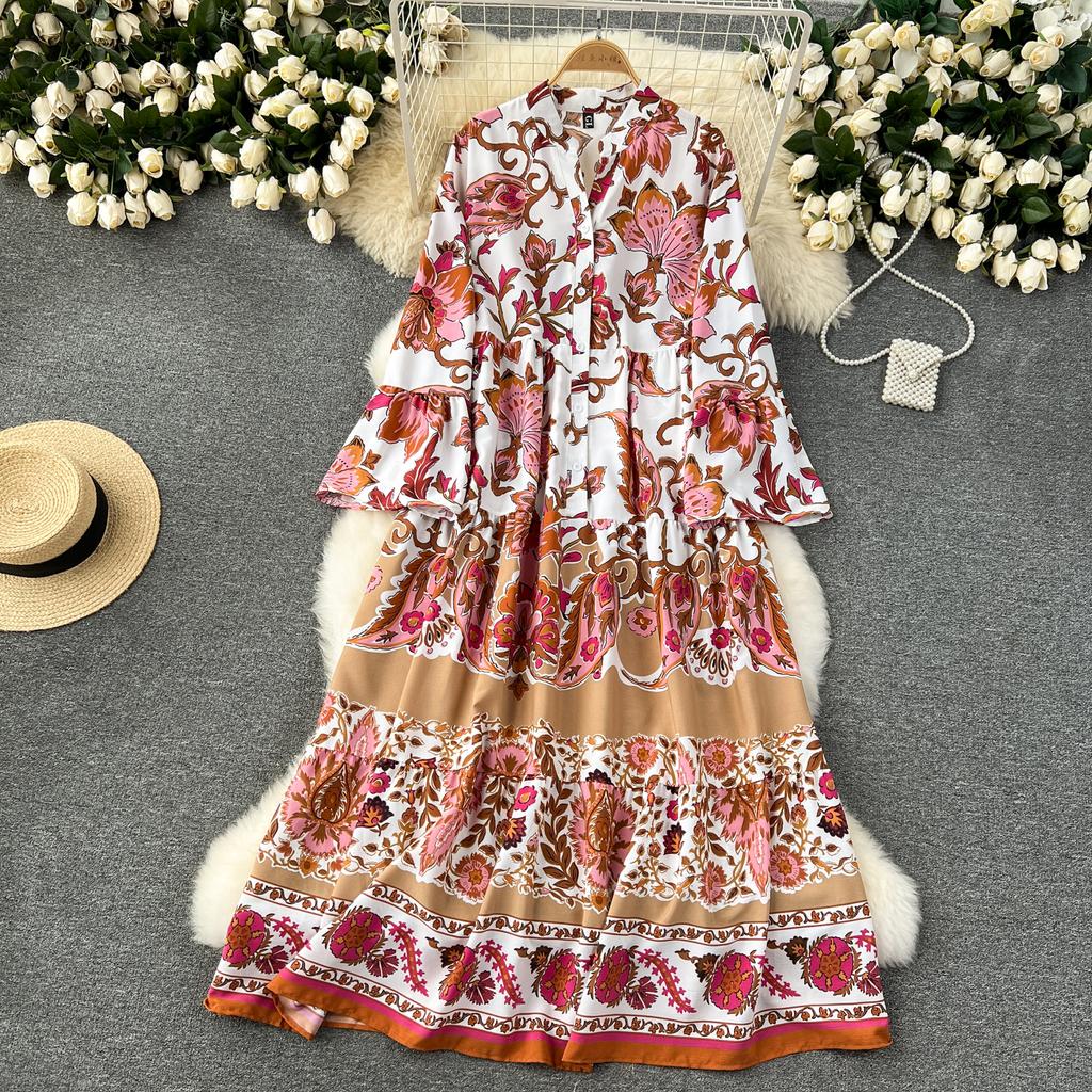 Květinový potisk Volné šaty s rozšířenými rukávy pro jaro/léto pro ženy Nové Prázdninové Volnočasové Temperamentní Dlouhé A-linie šaty