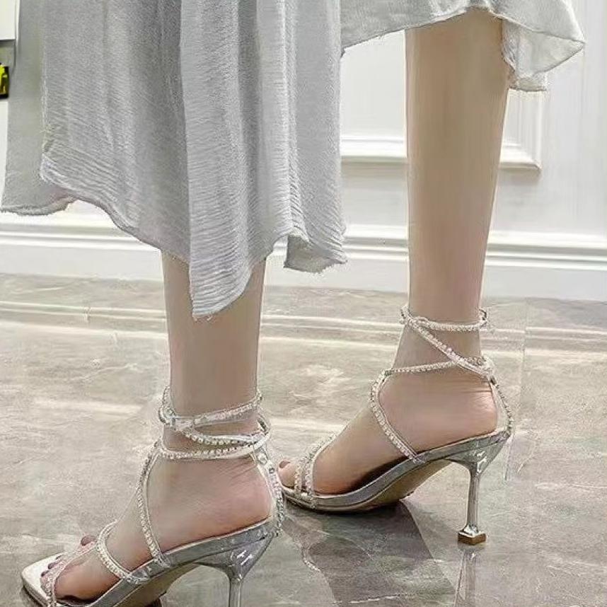 Fashion Elegant Women's Pumps Fashion Silver Rhinestone Sexy Pumps Summer Lady Fine Heel Open Toe Comfort Not Tired Foot Sandalias Mujer