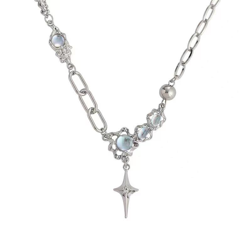 

Internet celebrity light luxury niche high sense moonstone cross necklace female sweet cool hot girl collarbone chain versatile sweater chain