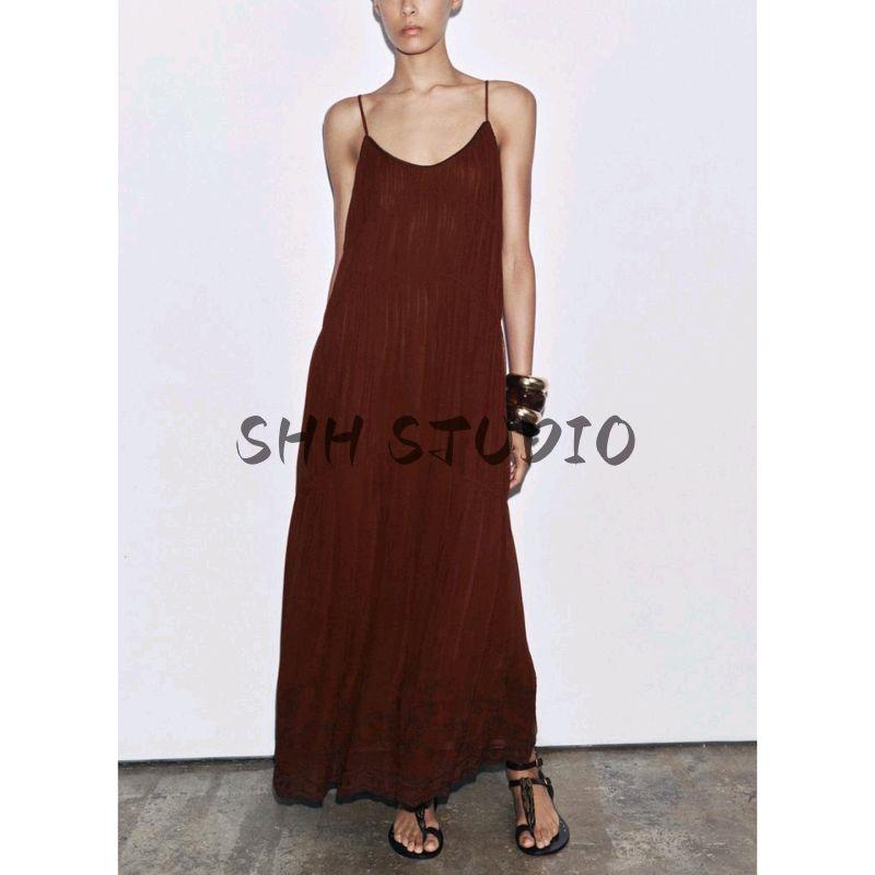 Summer New Product Women's Clothes Seaside Vacation Style round Neck Sleeveless Long Embroidered Strap Dress 6895058