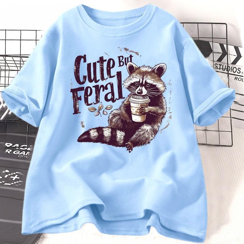 Funny Racoon Cute But Feral T Shirt Women Funny Opossum Tee Retro Animal Meme Tshirt Cotton Short Sleeve Clothing Female Tees