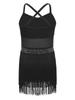 Kids Girls Latin Dance Leotard Sleeveless Cross Back Mesh Patchwork Tiered Tassel with 1 Pair Mesh Gloves for Competition