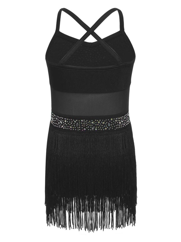 Kids Girls Latin Dance Leotard Sleeveless Cross Back Mesh Patchwork Tiered Tassel with 1 Pair Mesh Gloves for Competition