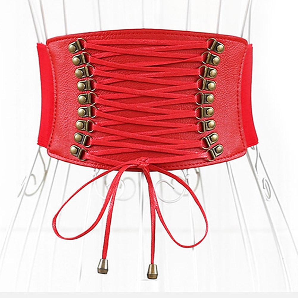 

Women Ultra-wide Elastic Waist Belt Drawstring PU Leather Waistband Lady Cummerband Red #1