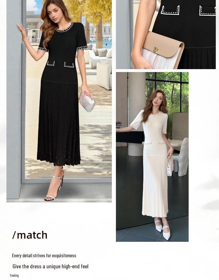 Schwarzes Strickkleid mit Rundhalsausschnitt, Perlenbesatz, kurzen Ärmeln und hochelastischer Taille