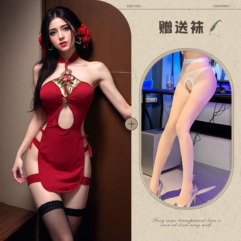 Sex Underwear Hollow Embroidery Uniform Sexy Retro Sexual Intercourse Cheongsam Republic of China Style Split Cheongsam