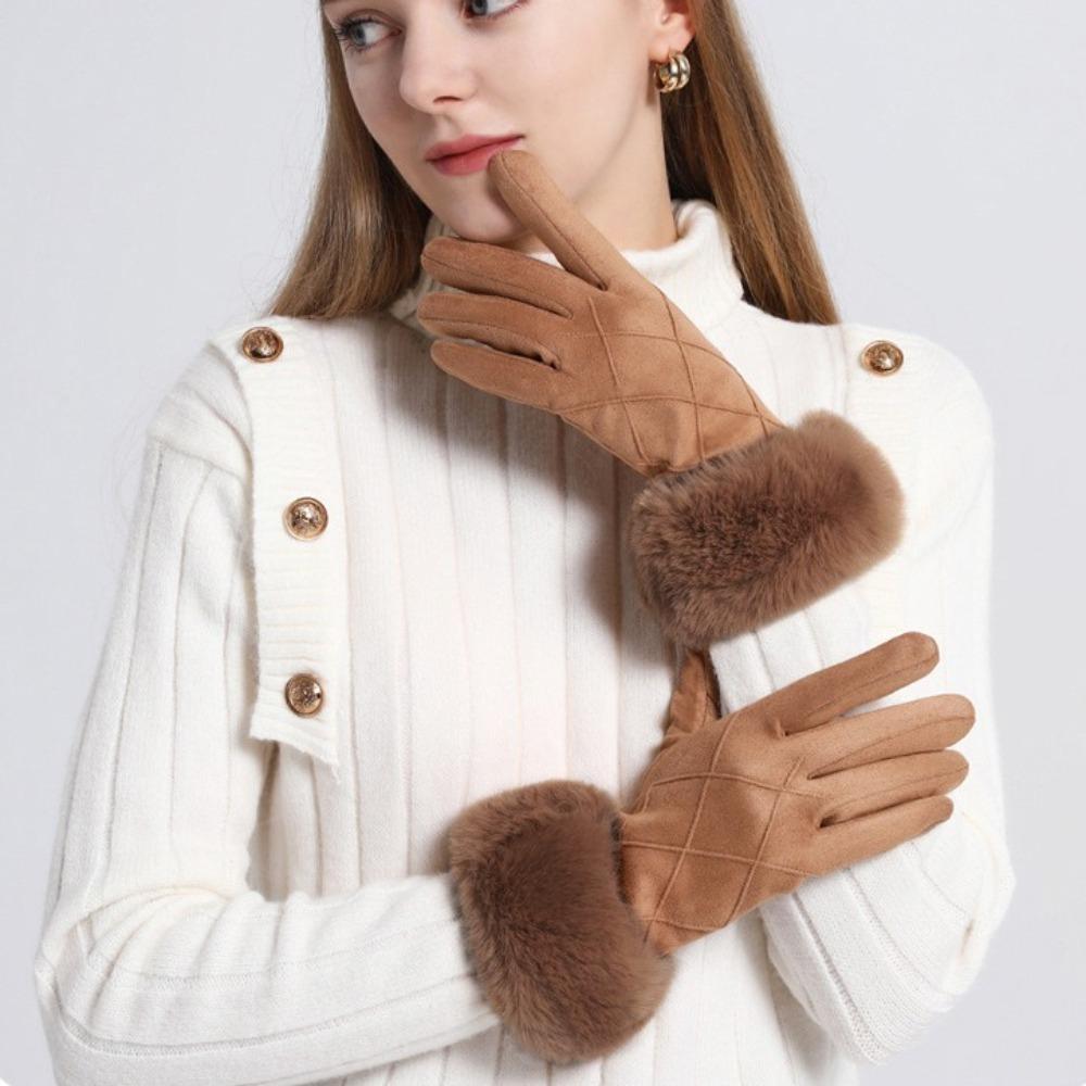 Suede Gloves Plaid Women Cycling Mittens Sweet Winter Fleece-lined Gloves Driving
