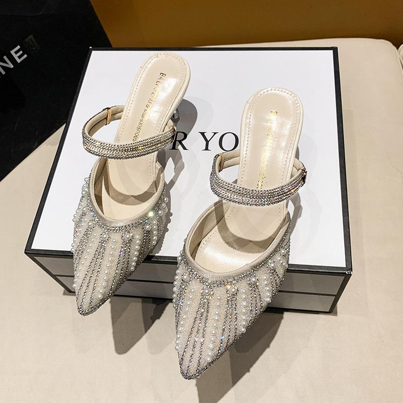 Baotou cool slippers women's rhinestone pearl slippers summer new two wear fashionable versatile high heels stiletto women