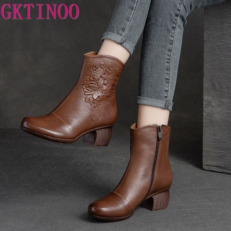 Fashion GKTINOO Women Boots 2024 New Woman Short Boots Round Toe Genuine Leather Autumn/Winter Shoes Square Heels Female Footware