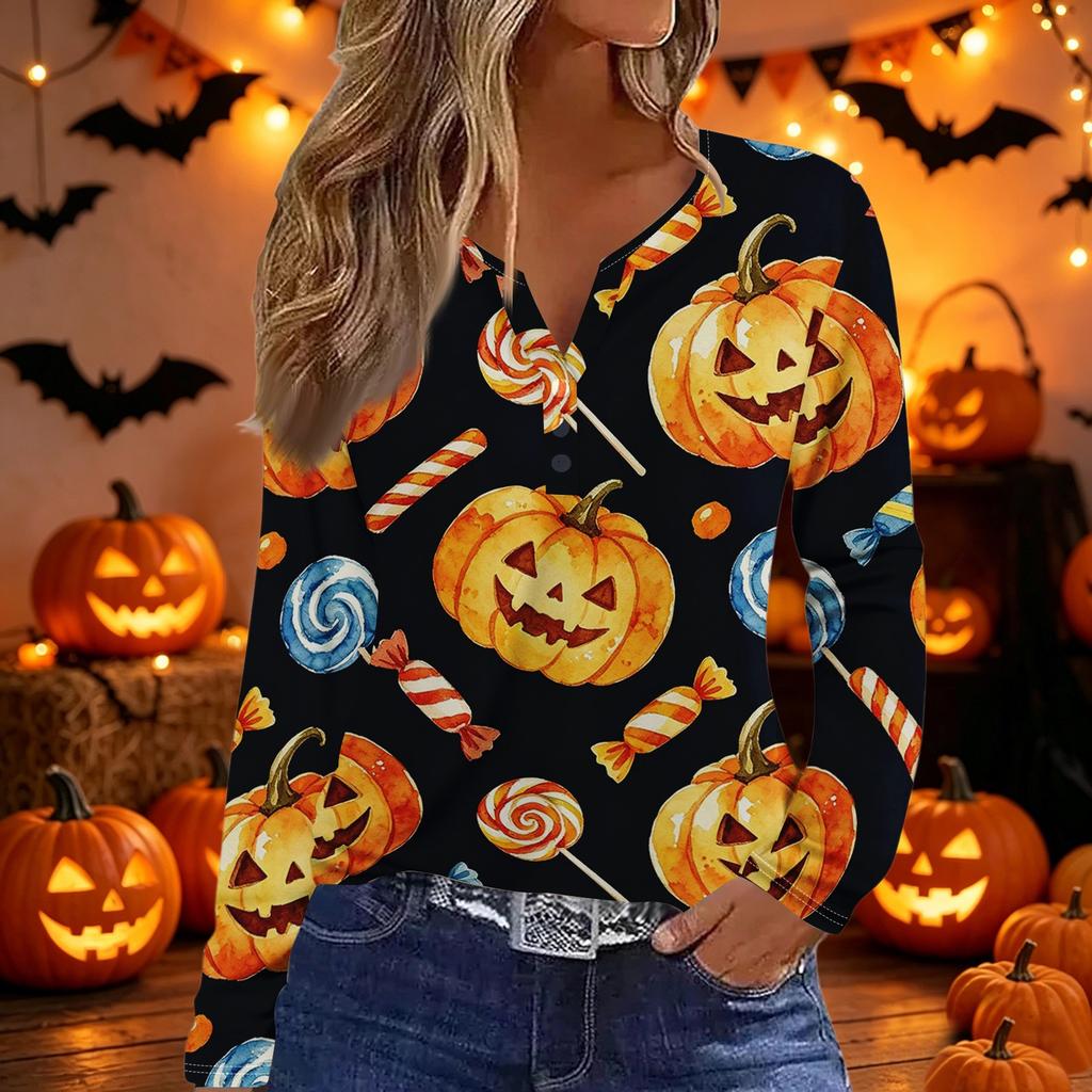 Women's Long Sleeve V Neck T Shirt Halloween Print Button Detail Casual Fashion Top Slim Fit Stretchy Fabric Comfortable Wear