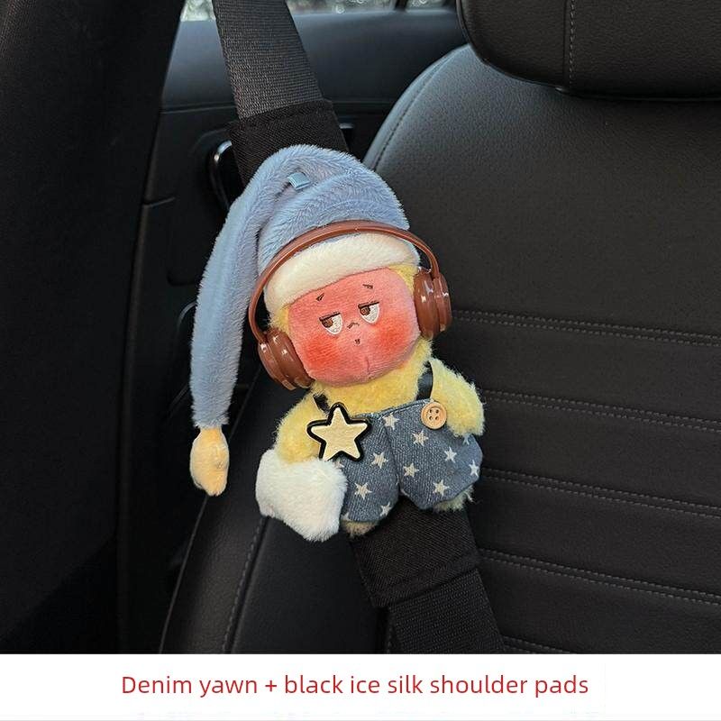 

New Car Seatbelt Shoulder Pads Decorative Seatbelt Anti-Neck-Strangling Car Interior Decoration Dolls Pair Cute Girls Denim Yawn + Black Ice Silk Shoulder Pads
