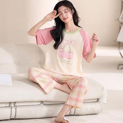 2026 Spring Summer Cotton Pajamas Set for Women Cute Cartoon Print Short Sleeve Tops and Pants Sleepwear Female Casual Loose Pink Pyjamas Homewear